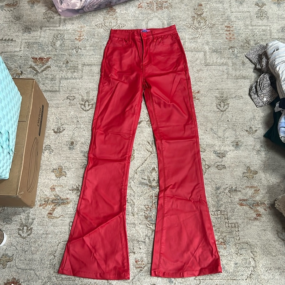 Edikted red leather pants, flare - boot cut